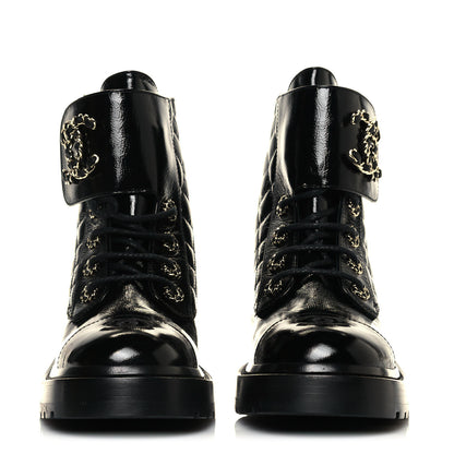 Chanel Shiny Calfskin Quilted Lace Up Combat Boots 36.5 Black 2 of 11