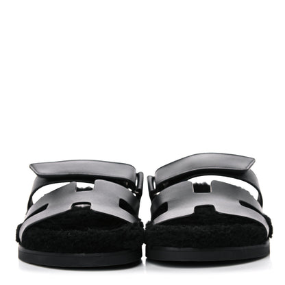 Hermes Calfskin Woolskin Womens Chypre Sandals 37 Black 2 of 11