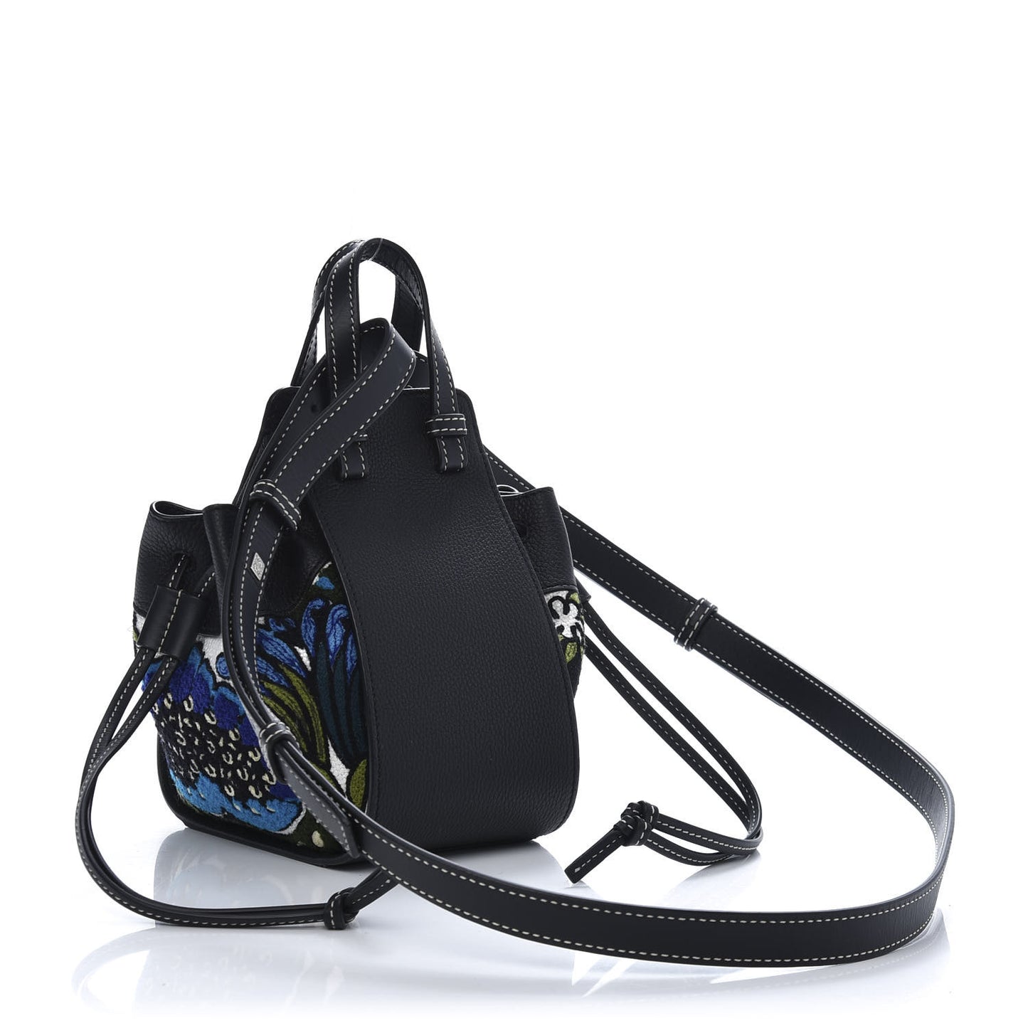 Calfskin Embroidered Floral Mini Hammock Shoulder Bag Black Peacock Blue
