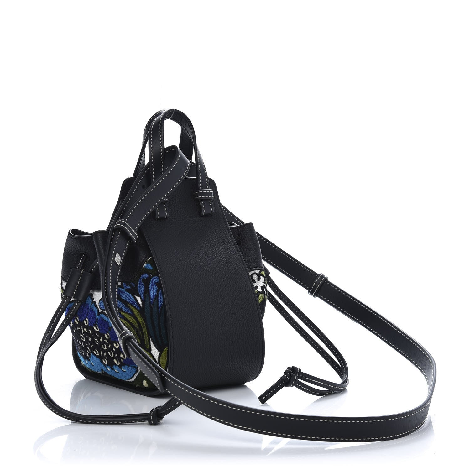 Loewe Calfskin Embroidered Floral Mini Hammock Shoulder Bag Black Peacock Blue 3 of 10