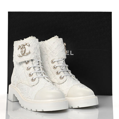 Chanel Tweed Lambskin Quilted Lace Up Combat Boots 39 White 9 of 9