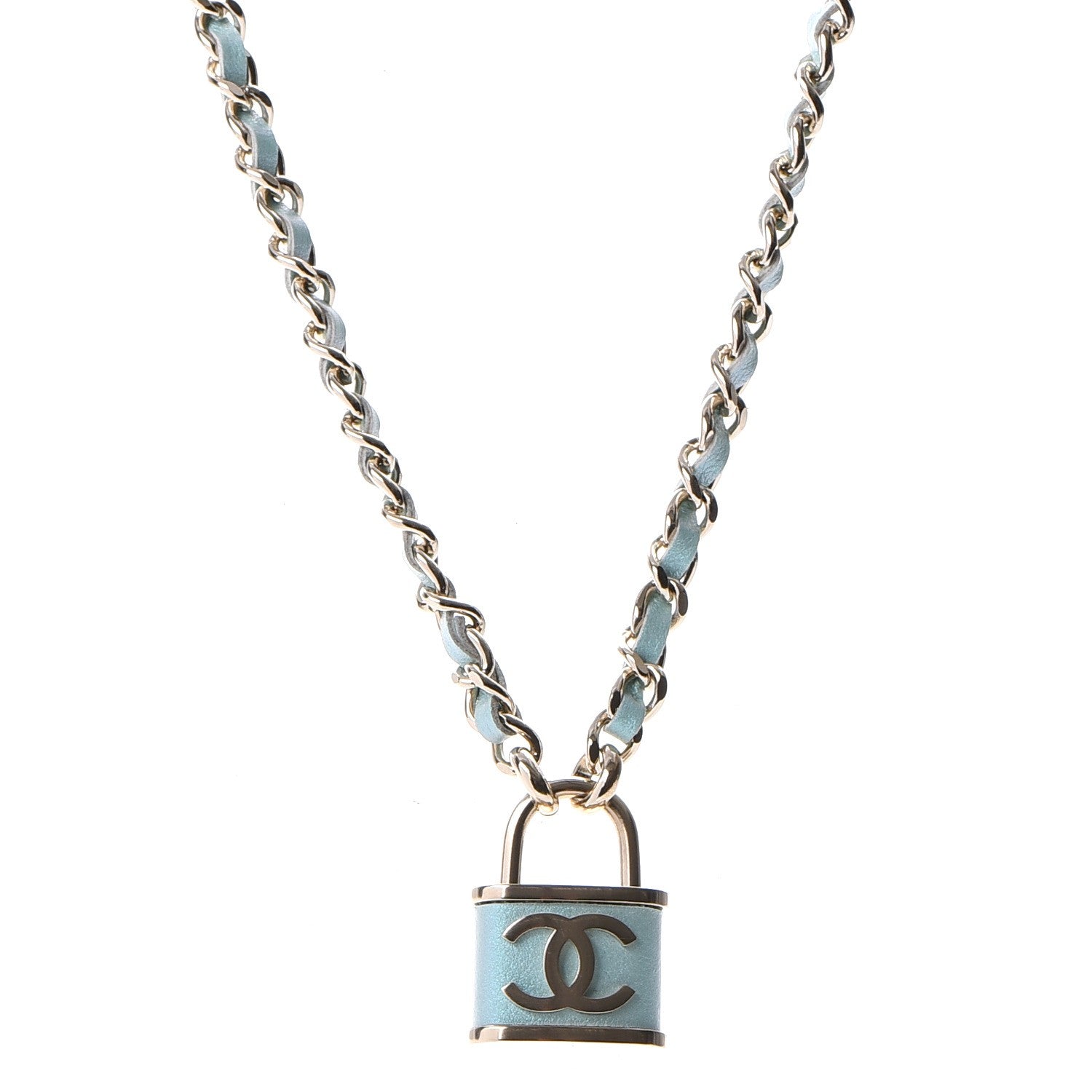 Chanel Calfskin Metal Padlock Necklace Gold Iridescent Blue 1 of 7
