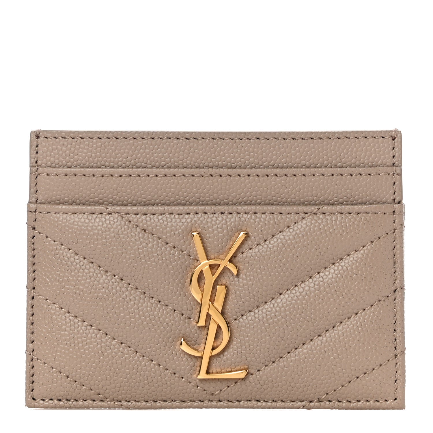 Saint Laurent Grain De Poudre Matelasse Chevron Monogram Credit Card Case Dark Beige 1 of 10