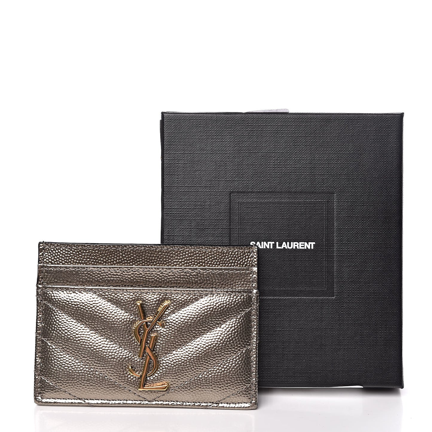 Metallic Grain De Poudre Matelasse Chevron Monogram Credit Card Case Pewter