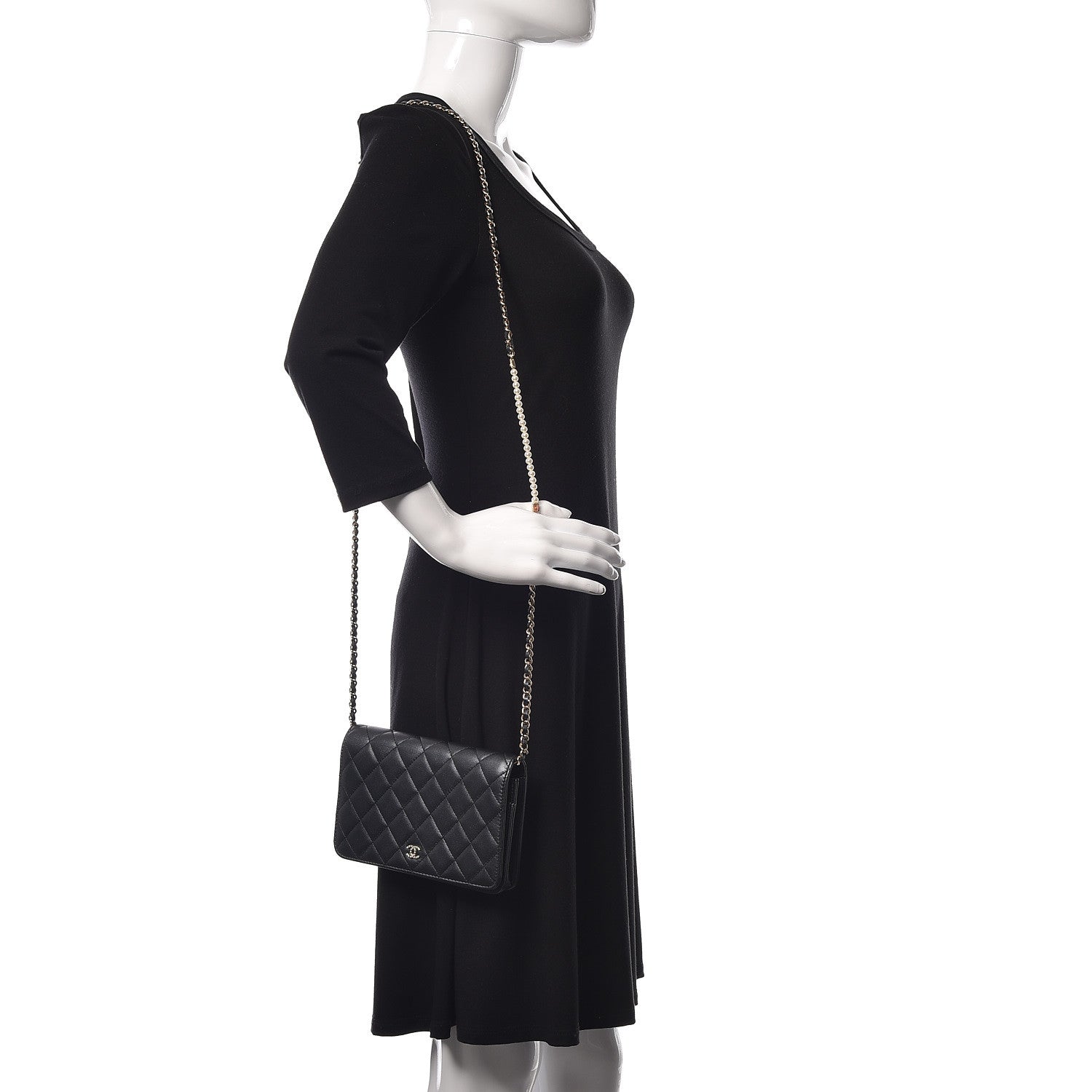 Chanel Lambskin Quilted Pearl Wallet On Chain WOC Black 2 of 13