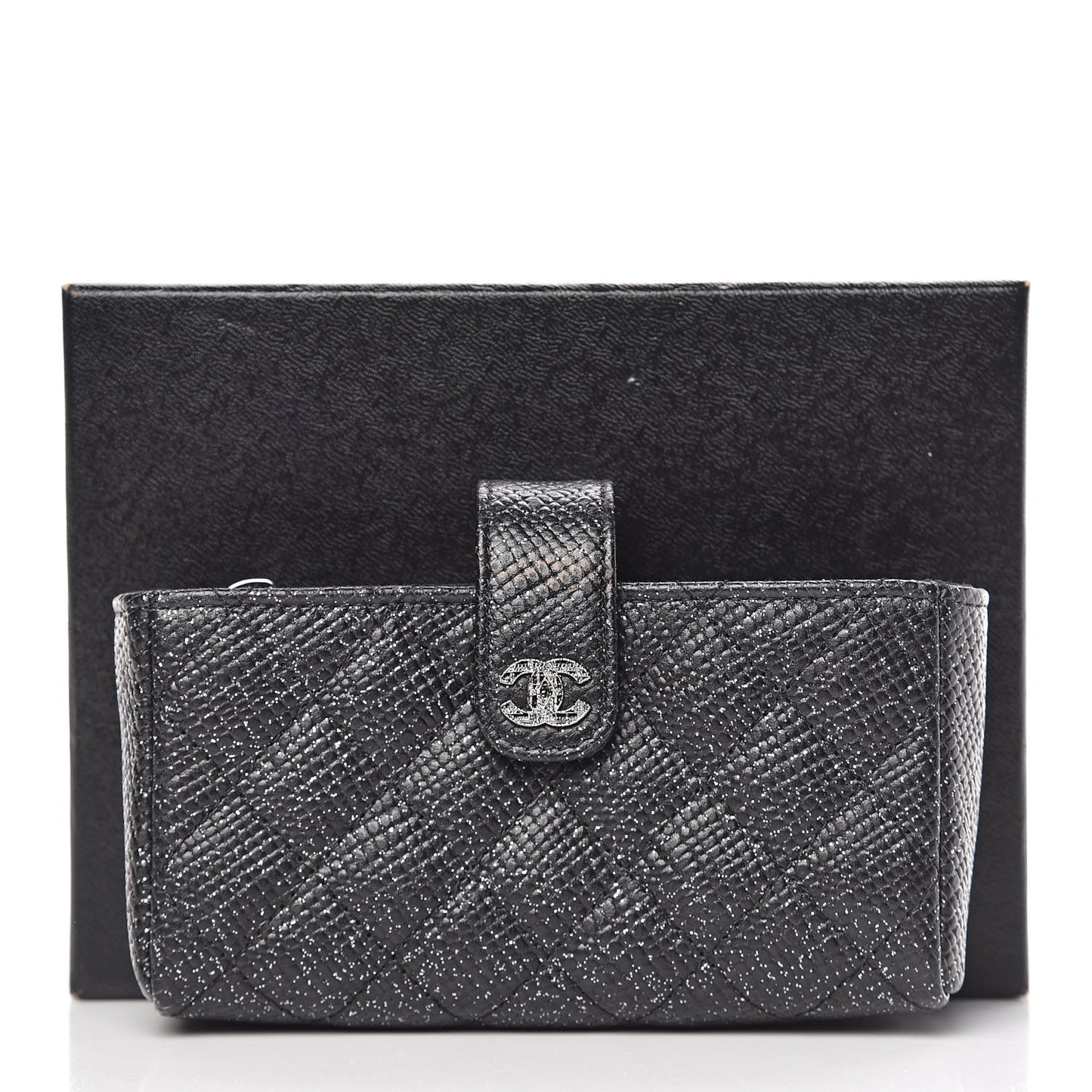 Glittered Calfskin Quilted Mini Phone Holder Clutch Black