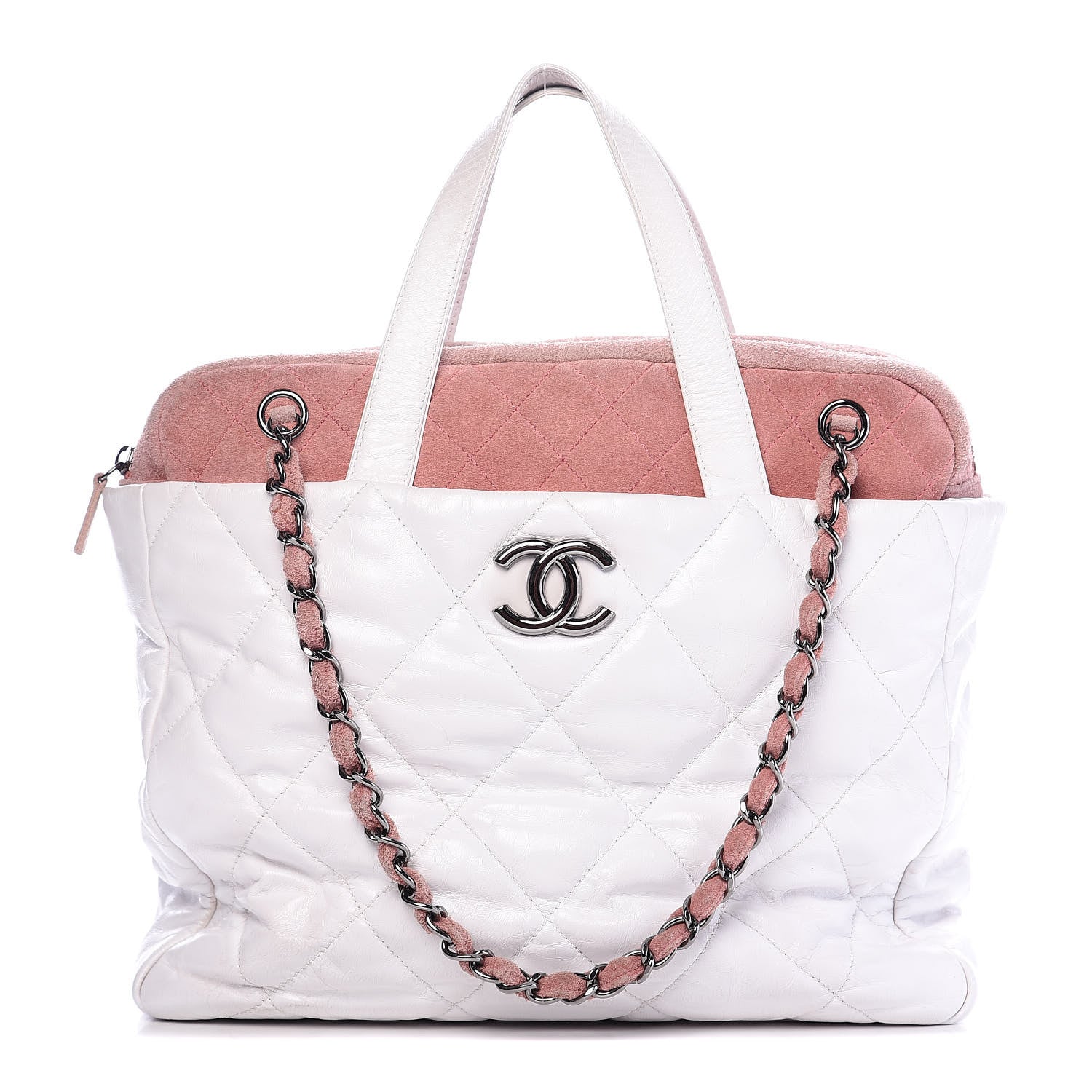 Chanel Glazed Calfskin Suede Quilted Portobello Tote White Pink 1 of 14