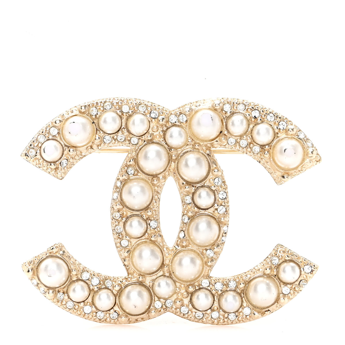 Pearl Crystal CC Brooch Gold