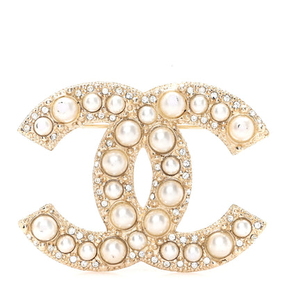 Chanel Pearl Crystal CC Brooch Gold 1 of 3
