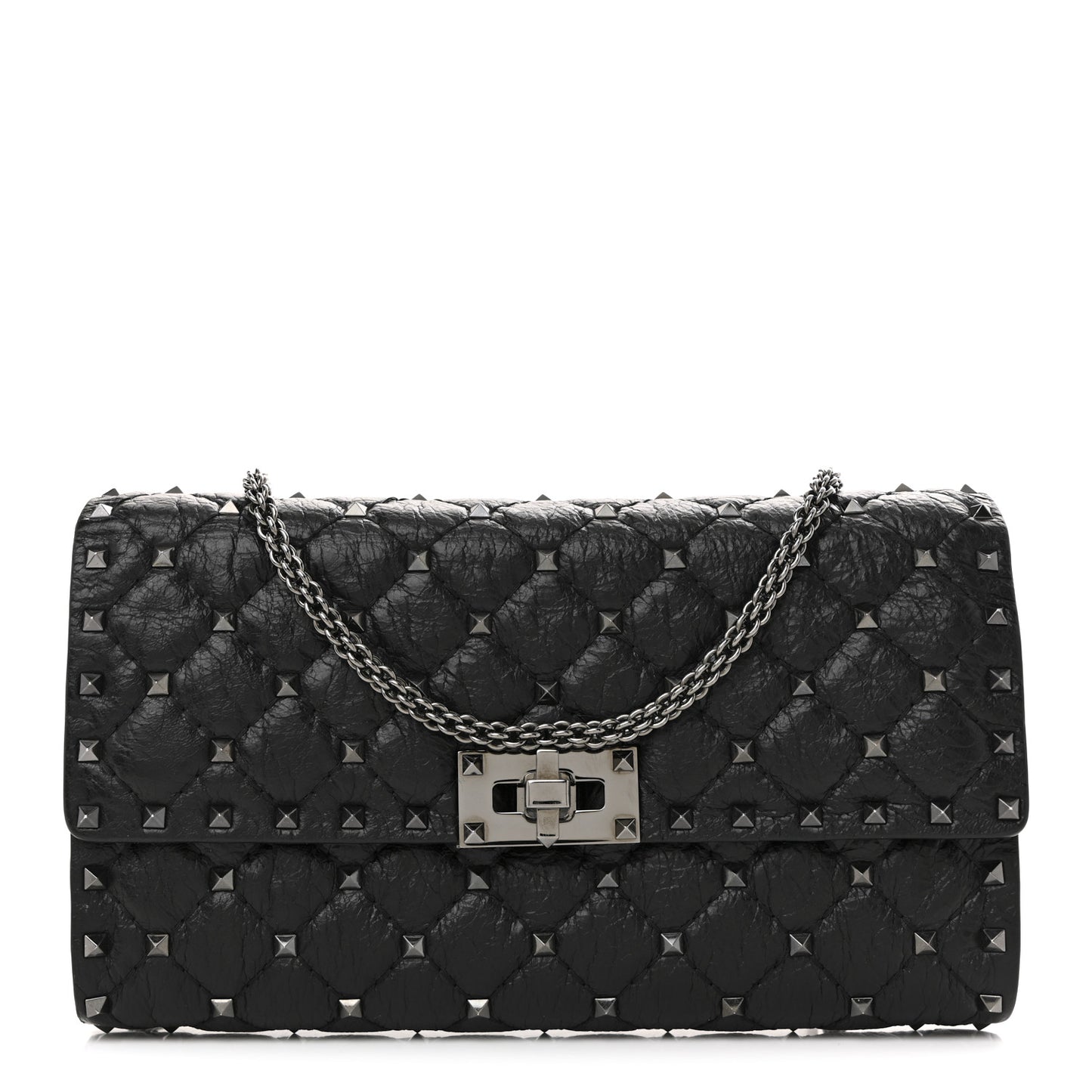 Craquele Nappa Rockstud Spike Wallet on Chain Black