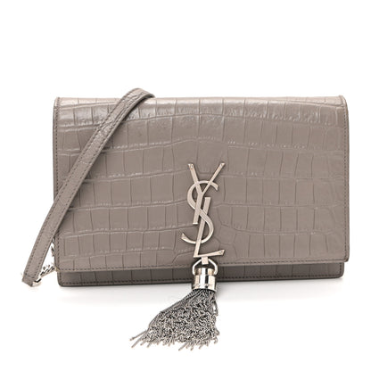 Saint Laurent Calfskin Crocodile Embossed Kate Monogram Tassel Chain Wallet Fog 1 of 9