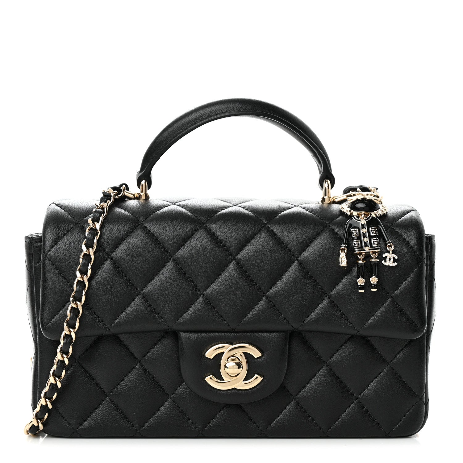 Chanel Lambskin Quilted Mini Lion Charm Top Handle Rectangular Flap Black 1 of 12
