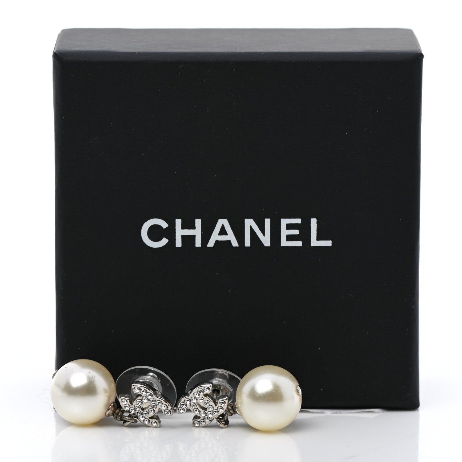 Chanel Crystal Pearl CC Drop Earrings Silver 5 of 5