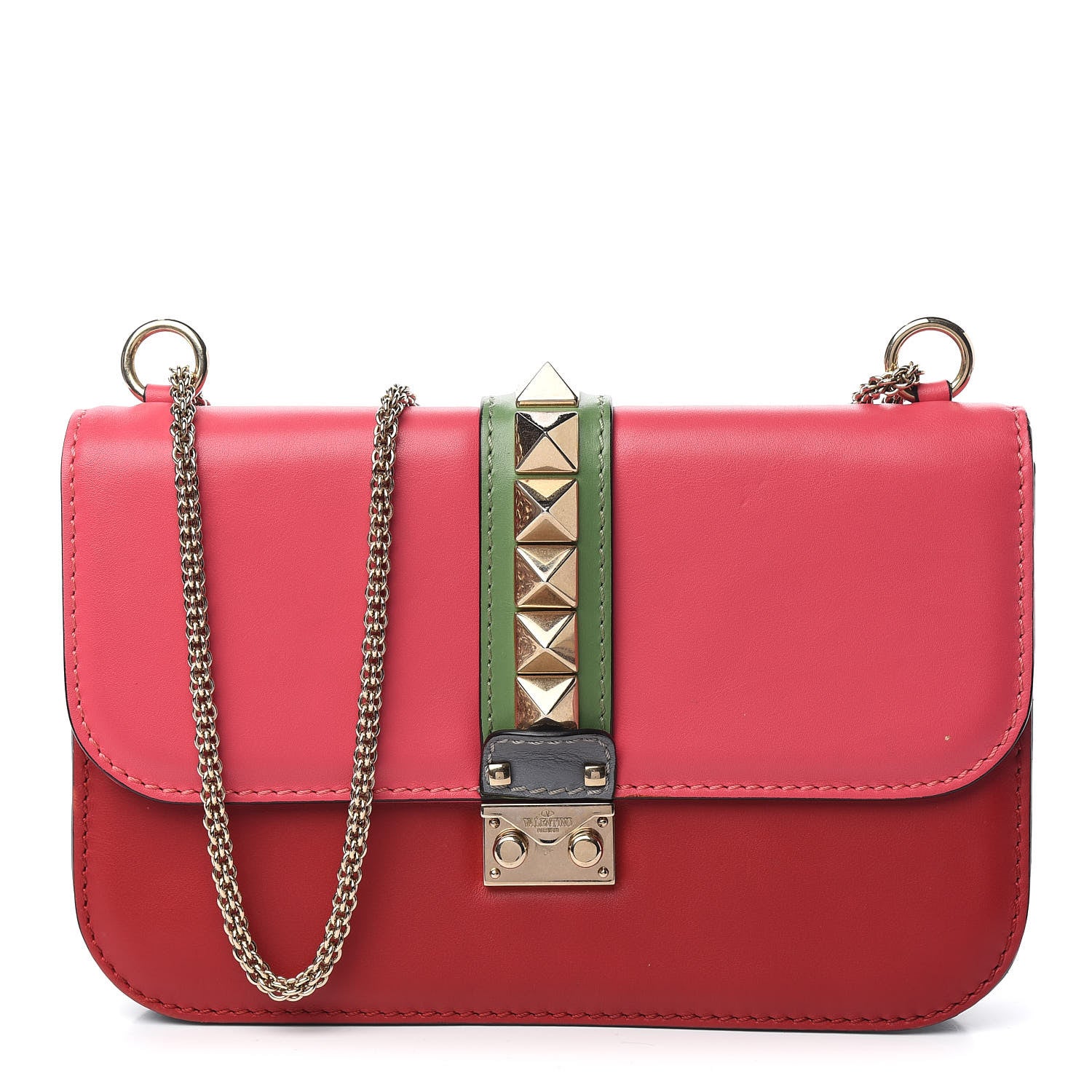 Valentino Garavani Vitello Medium Glam Lock Rockstud Flap Deep Rose Scarlet Grey Green 1 of 9