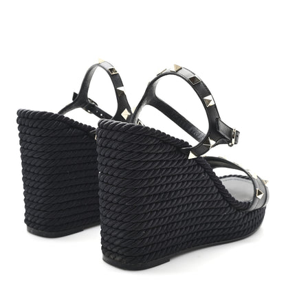 Valentino Garavani Calfskin Rockstud Ankle Strap Torchon Espadrille Caged 25/95mm Wedge Sandals 39 Black 5 of 9