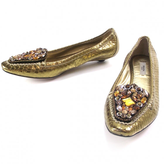 Prada Snakeskin Jeweled Loafers 38 Gold 1 of 6