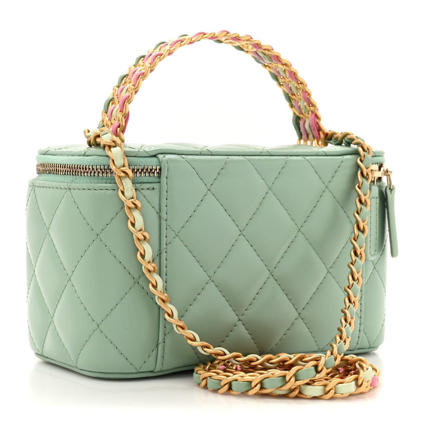 Shiny Calfskin Quilted Small Top Handle Vanity Case With Chain Light Green