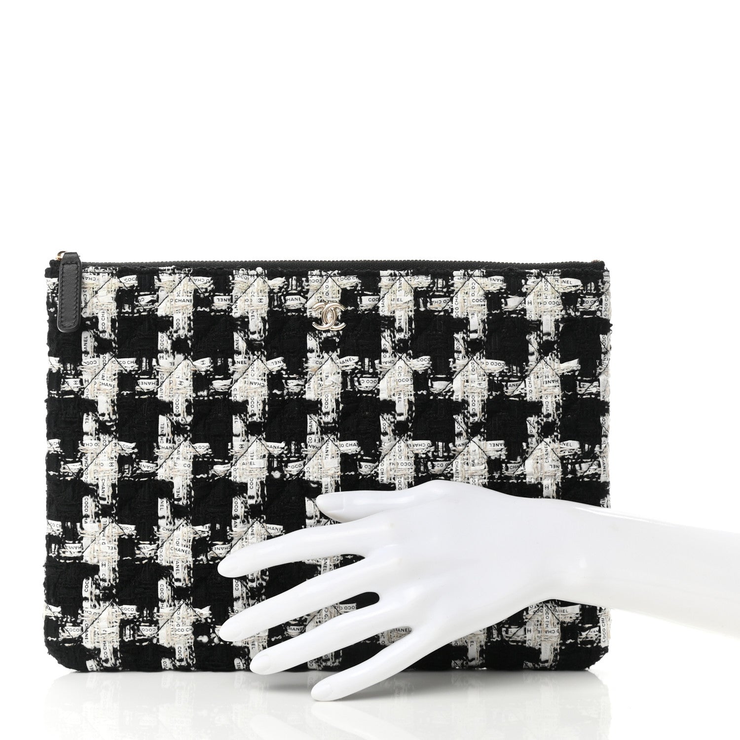 Chanel Tweed Quilted Medium Cosmetic Pouch Black Ecru White 2 of 8