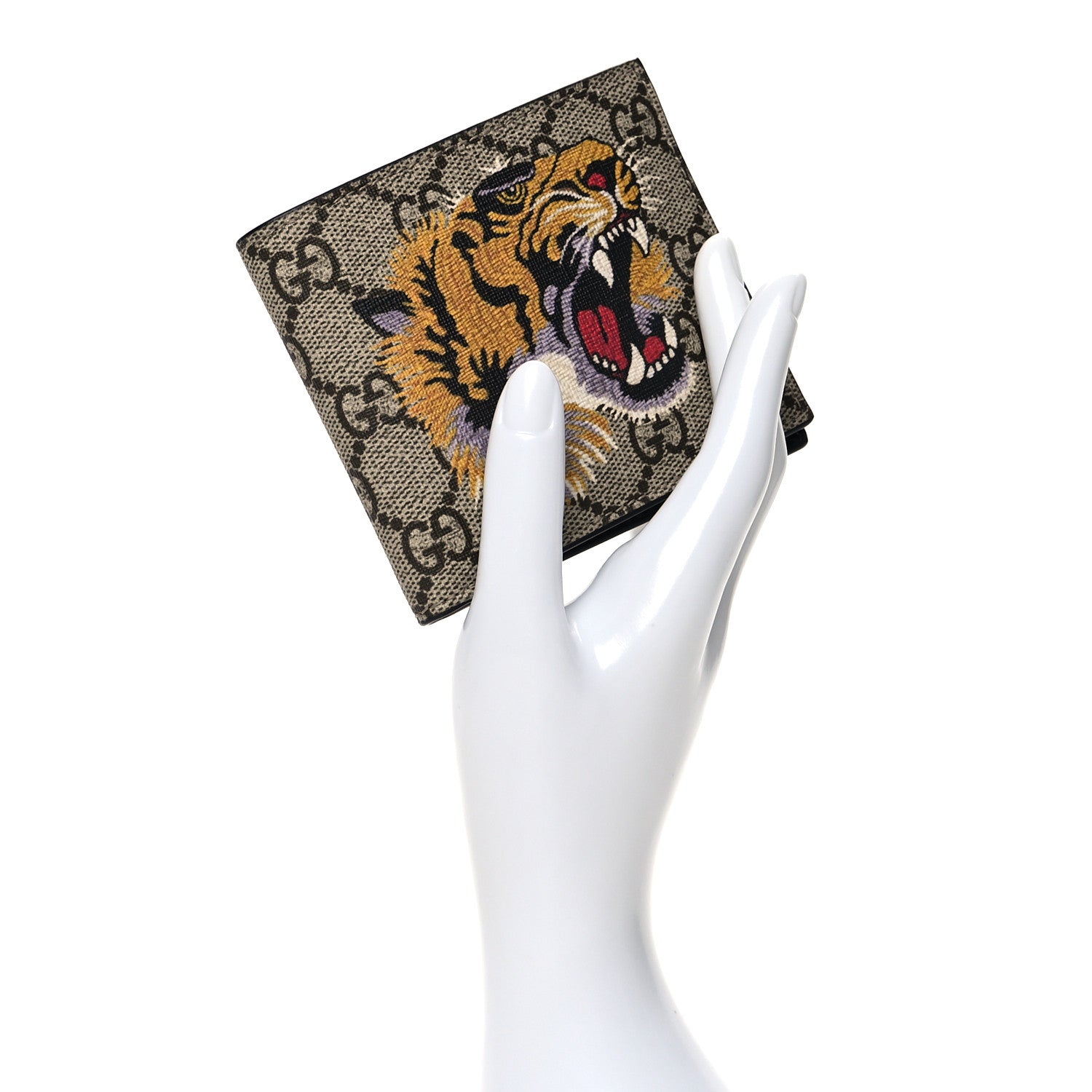 Gucci GG Supreme Monogram Selleria Calfskin Tiger Nice Bi-Fold Wallet Beige Ebony Multicolor Black 2 of 7