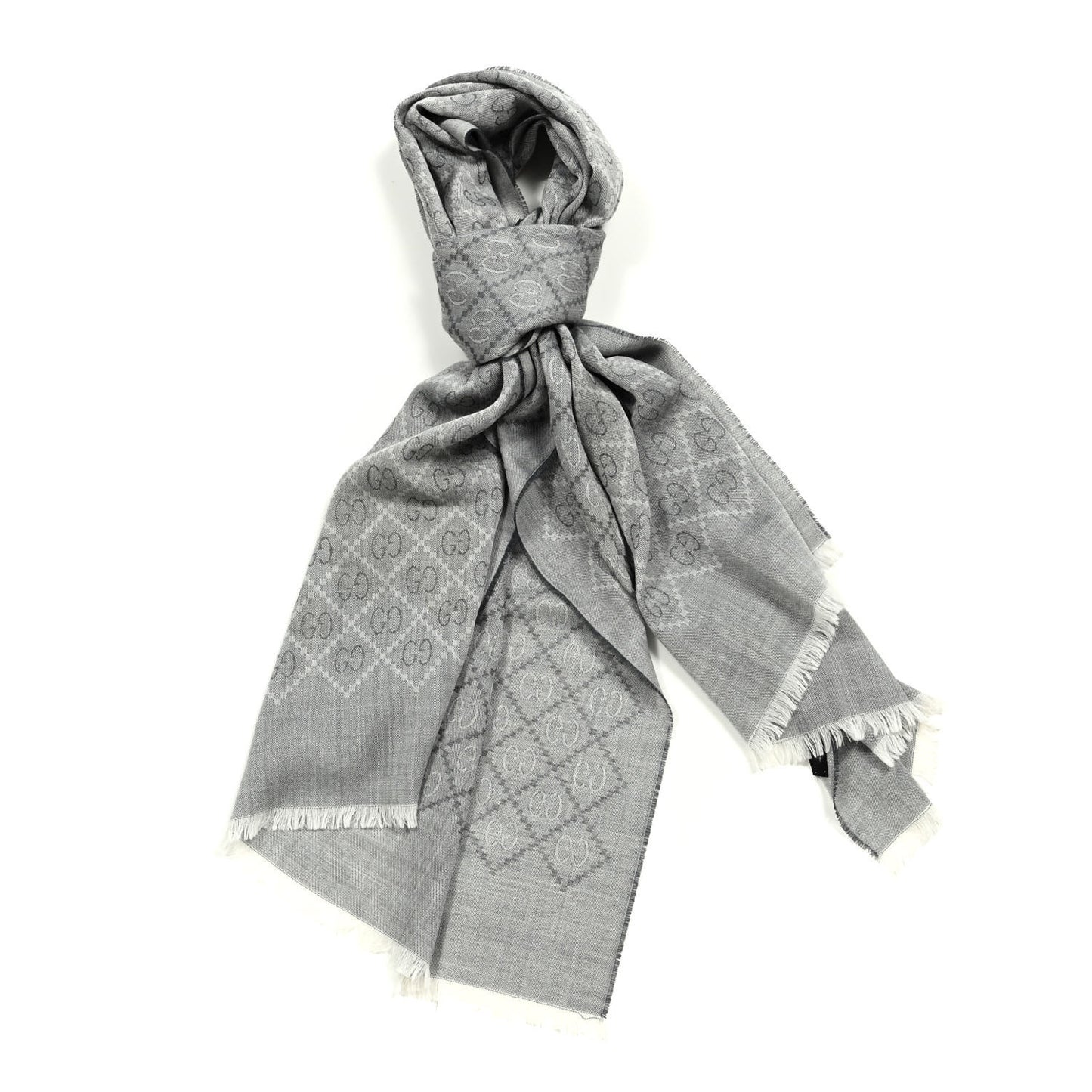 Wool Silk Monogram Diamante Fringe Scarf Grey