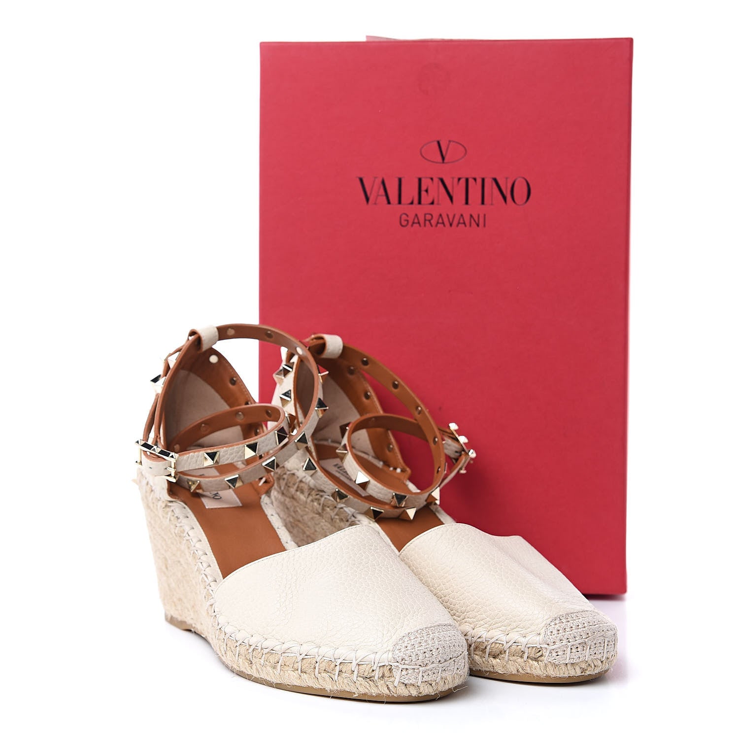 Valentino Garavani Grained Calfskin Rockstud Ankle Wrap Espadrille 15/85mm Wedges 41 Light Ivory 8 of 8