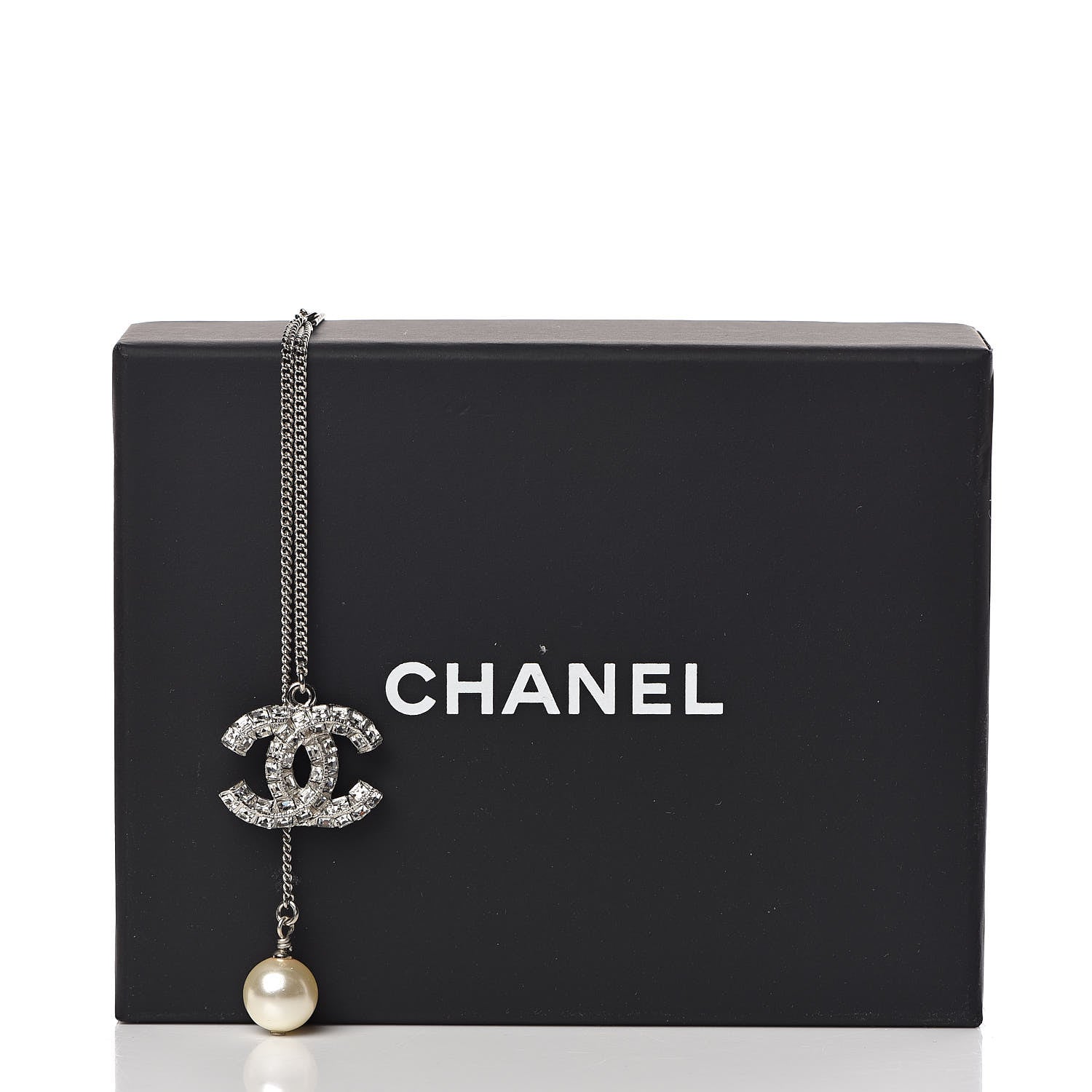 Chanel Baguette Crystal Pearl CC Lariat Necklace Silver 5 of 5