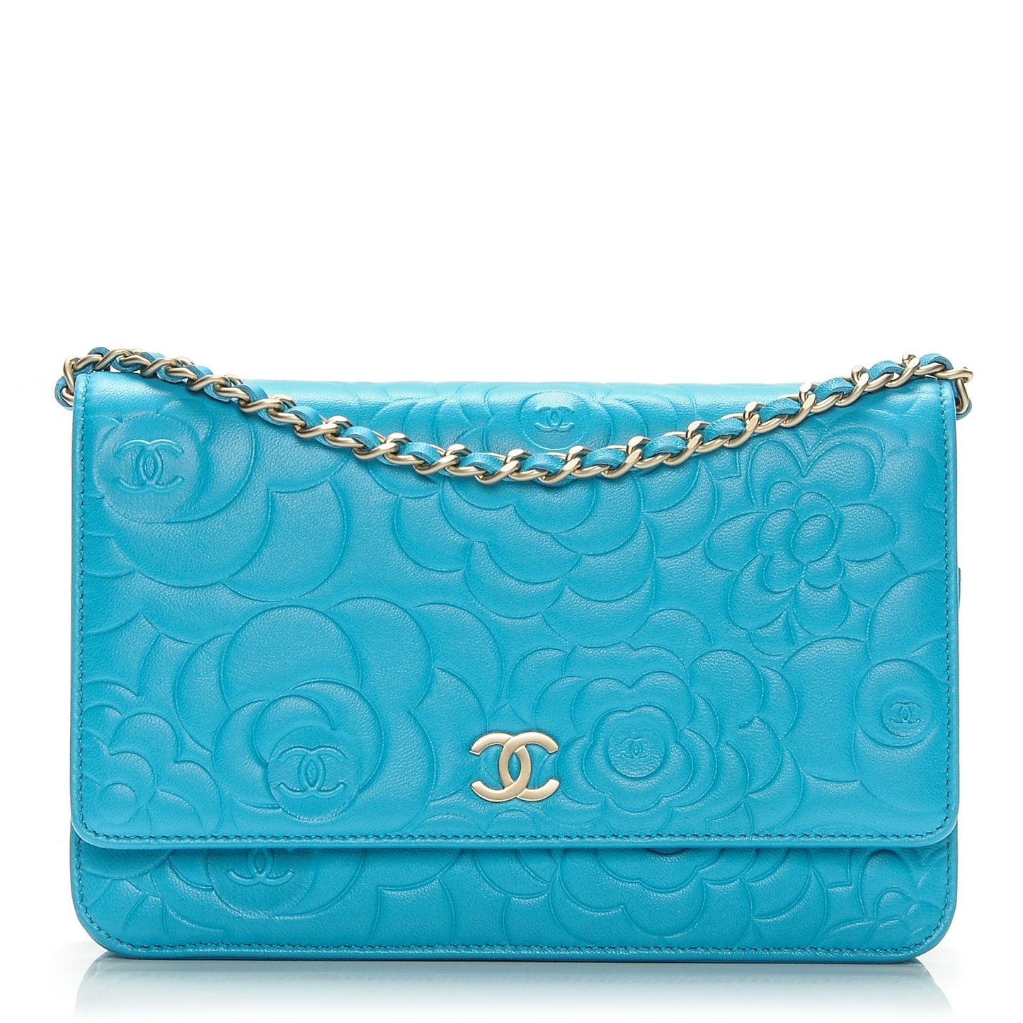 Lambskin Camellia Embossed Wallet On Chain WOC Turquoise