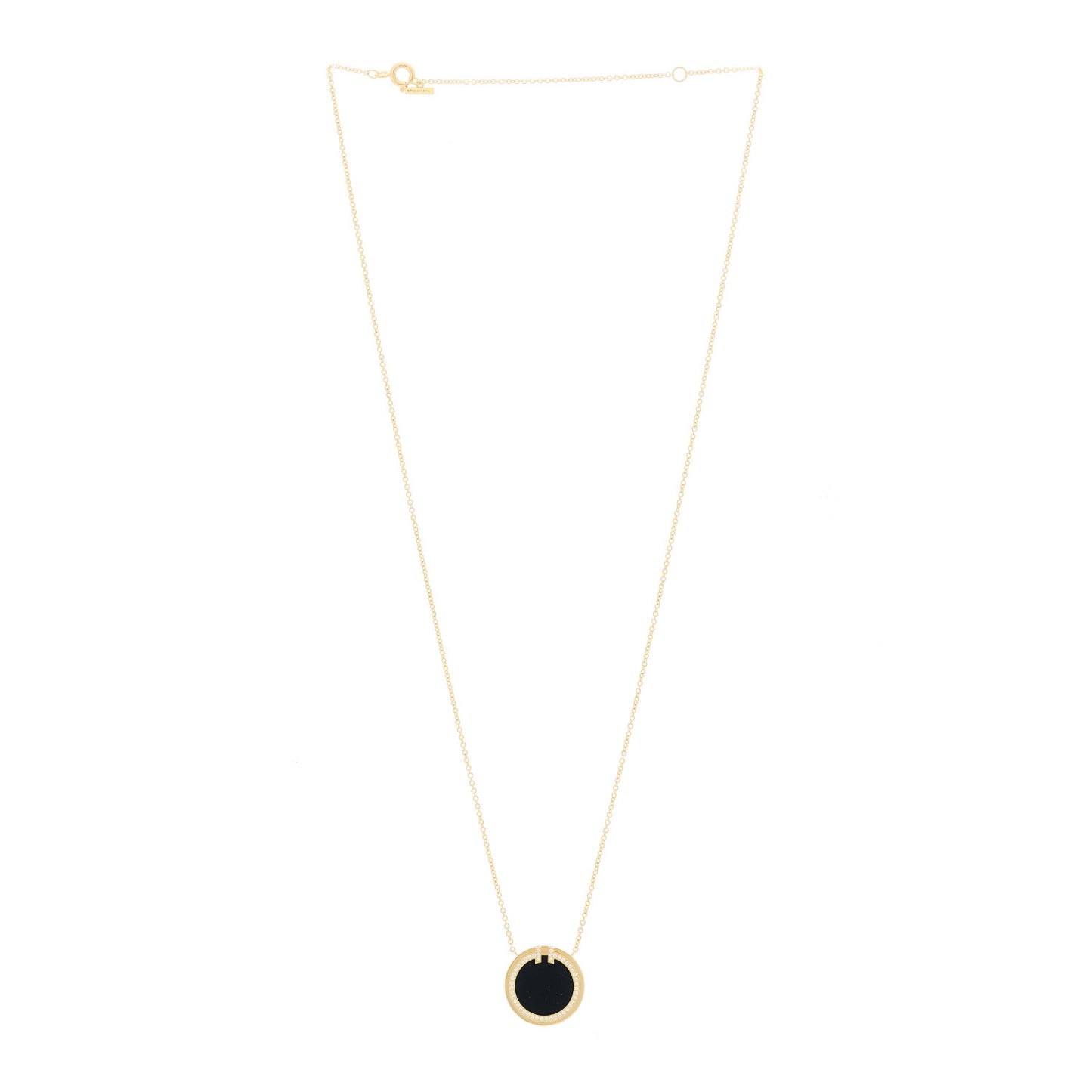 18K Yellow Gold Diamond Black Onyx 16mm T Circle Pendant Necklace