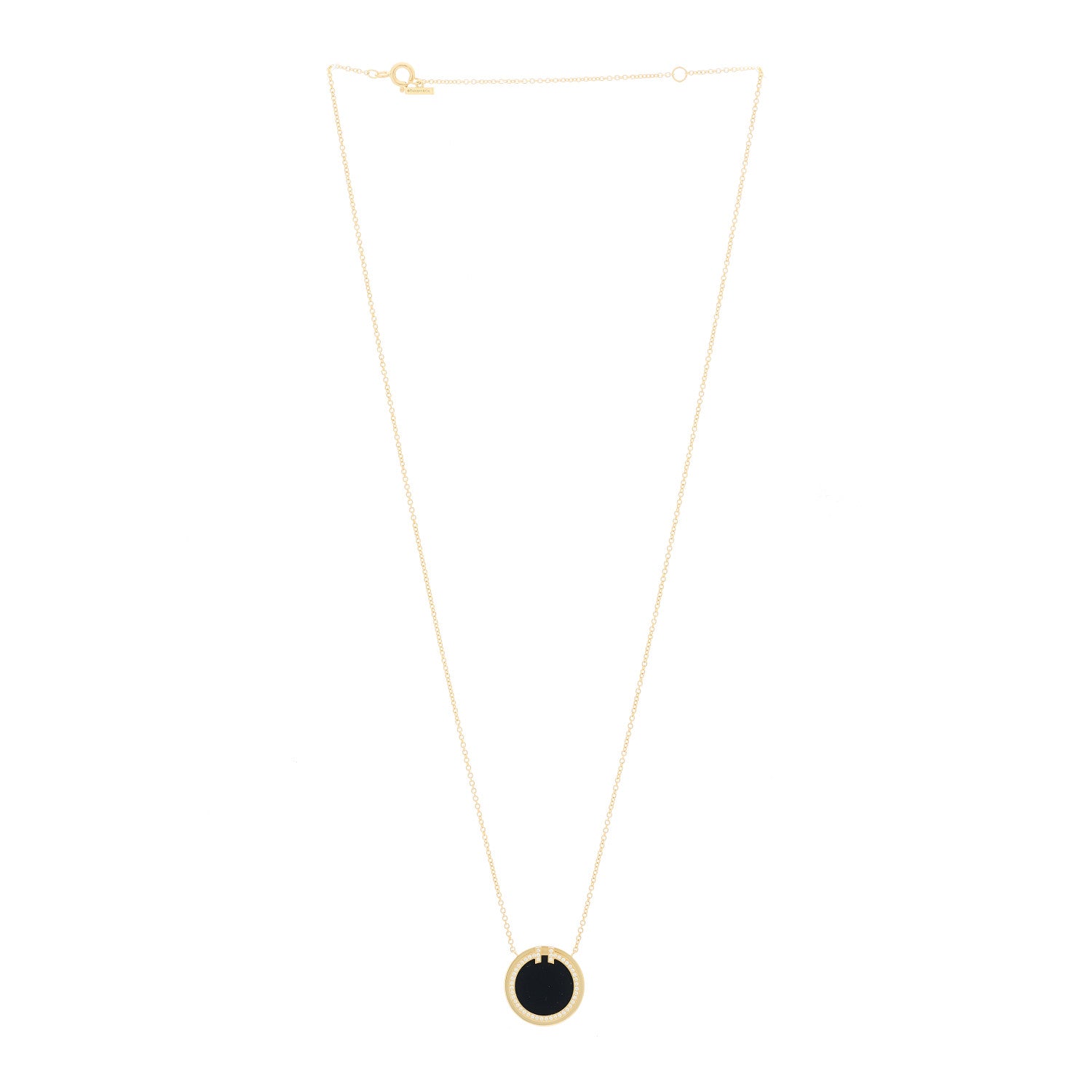 Tiffany 18K Yellow Gold Diamond Black Onyx 16mm T Circle Pendant Necklace 3 of 6