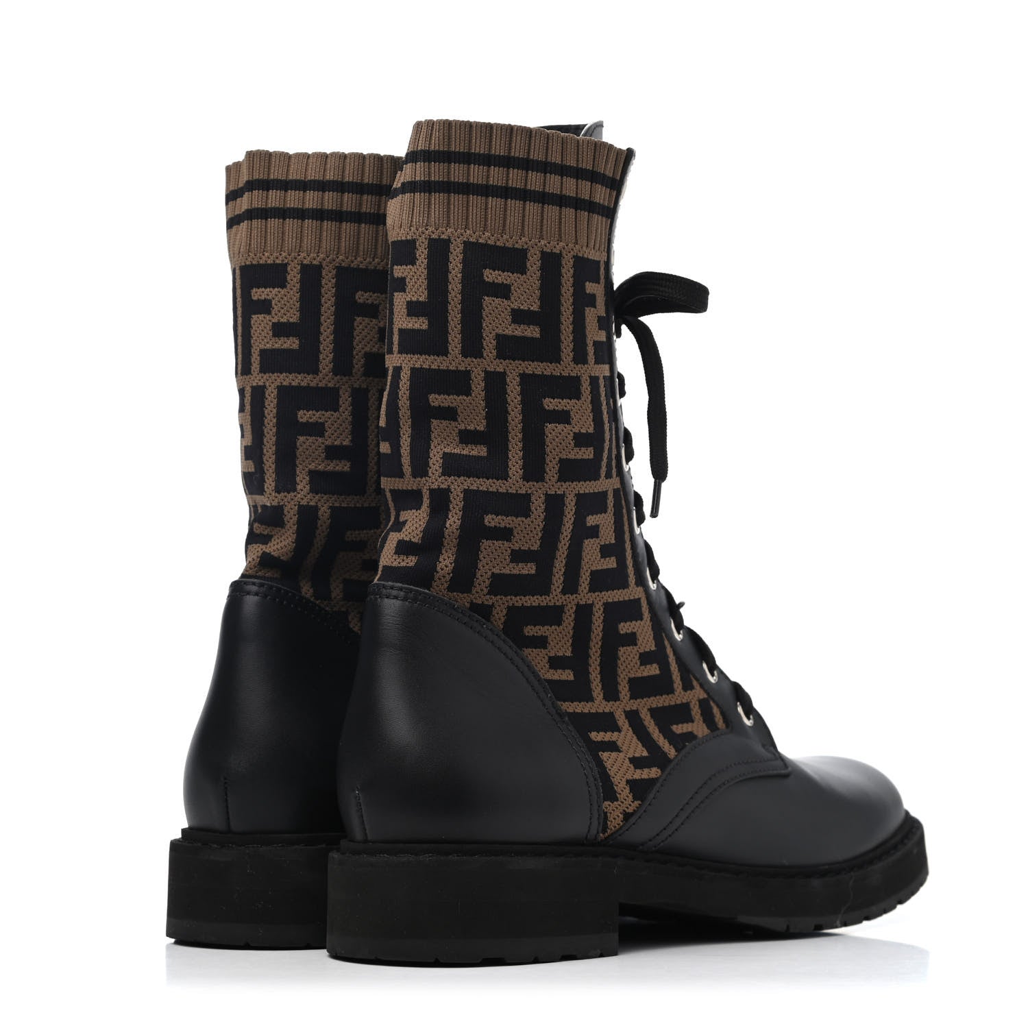 Fendi Calfskin Stretch Fabric FF Rockoko Biker Boots 41 Black Tobacco 3 of 4