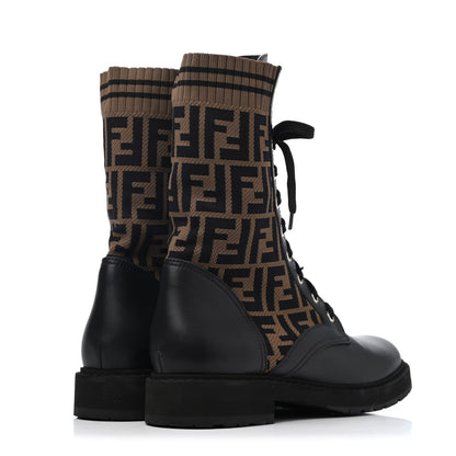 Fendi Calfskin Stretch Fabric FF Rockoko Biker Boots 41 Black Tobacco 3 of 4