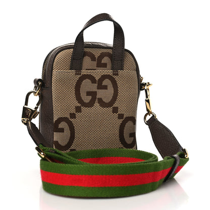 Gucci Monogram Jumbo GG Textured Dollar Calfskin Web Shoulder Bag Camel Ebony New Acero 3 of 10