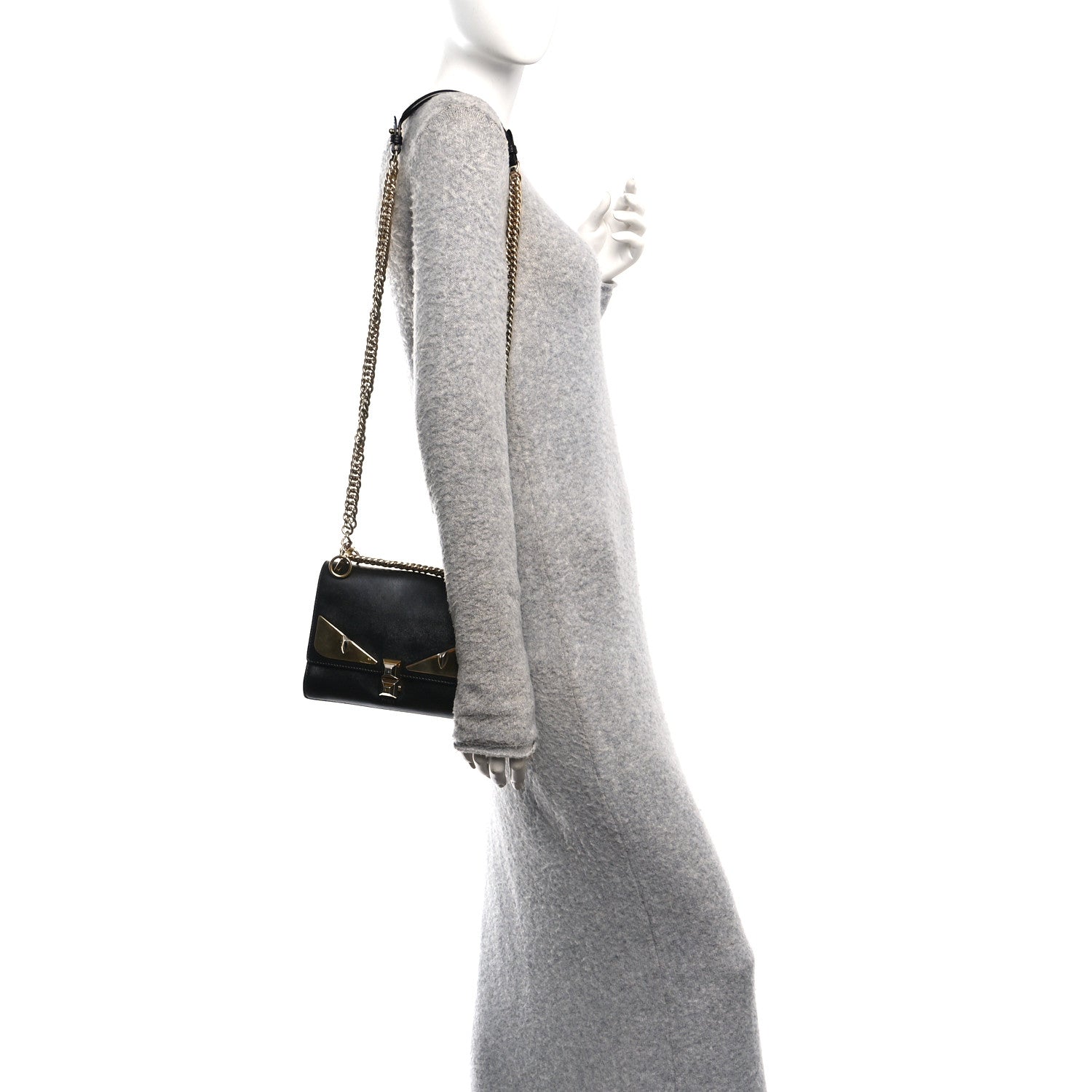 Fendi Vitello Liberty Metal Monster Eyes Small Kan I Shoulder Bag Black Gold 2 of 10