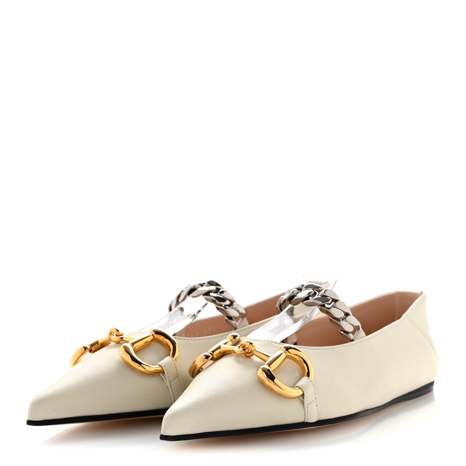 Gucci Nappa Lumiere Deva Horsebit Chain Embellished Flats 35.5 Dusty White 4 of 10