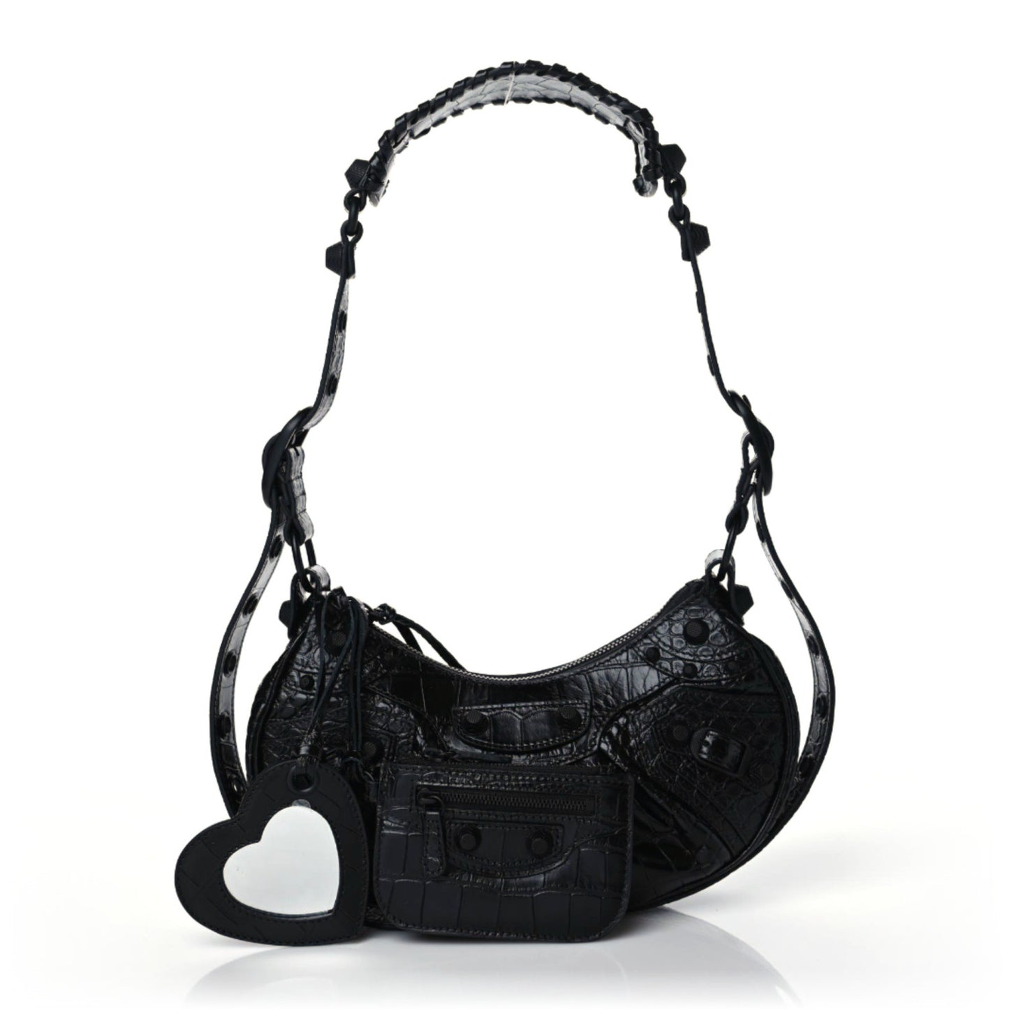 Extra Supple Calfskin Crocodile Embossed Monochrome Le Cagole Shoulder Bag XS Black