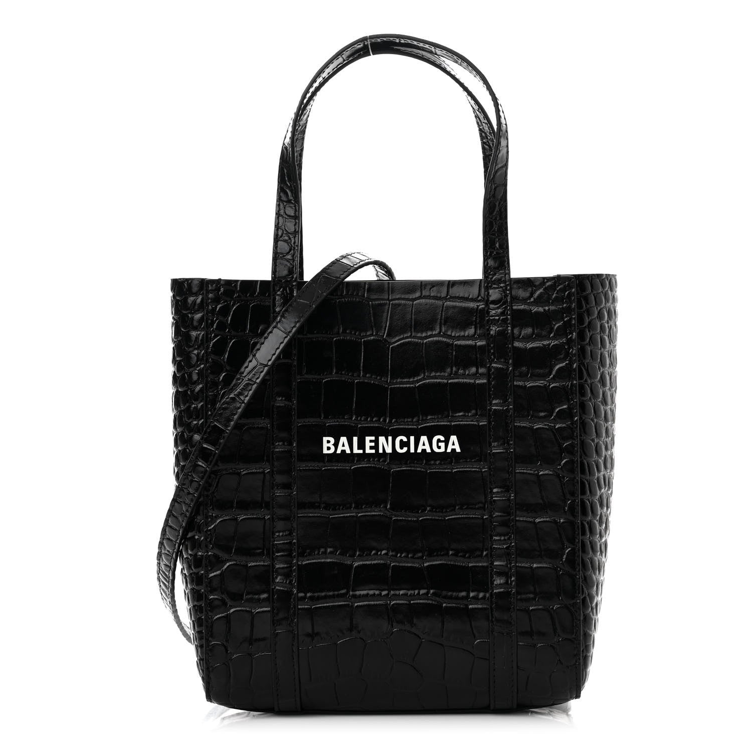 Balenciaga Shiny Calfskin Logo Crocodile Embossed XXS Everyday Tote Black 1 of 14