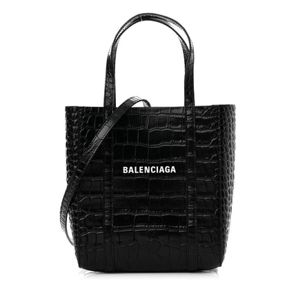 Balenciaga Shiny Calfskin Logo Crocodile Embossed XXS Everyday Tote Black 1 of 14