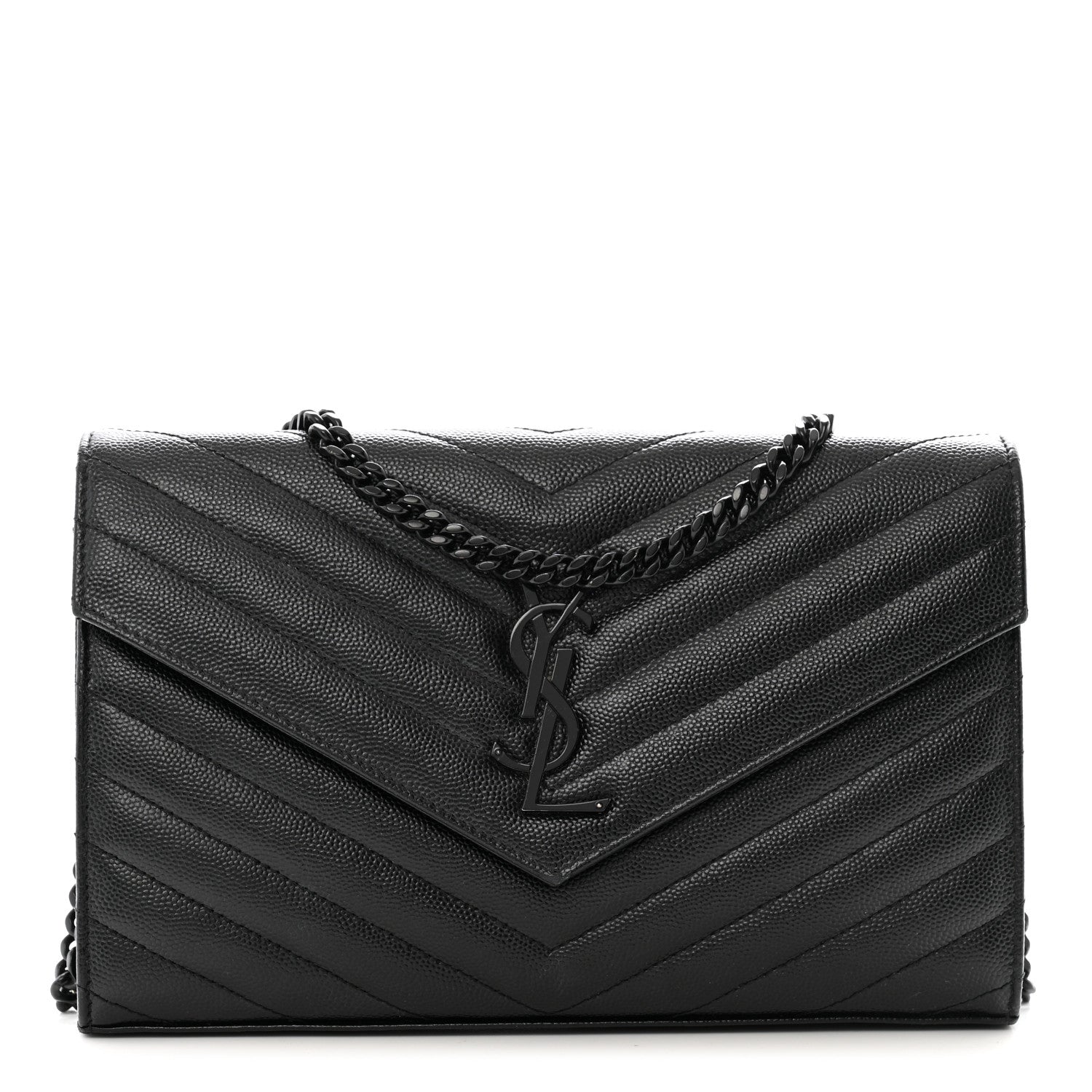 Saint Laurent Grain De Poudre Matelasse Chevron Monogram Monochrome Chain Wallet Black 1 of 13