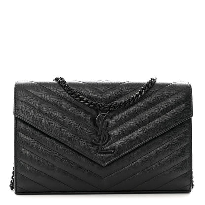 Saint Laurent Grain De Poudre Matelasse Chevron Monogram Monochrome Chain Wallet Black 1 of 13