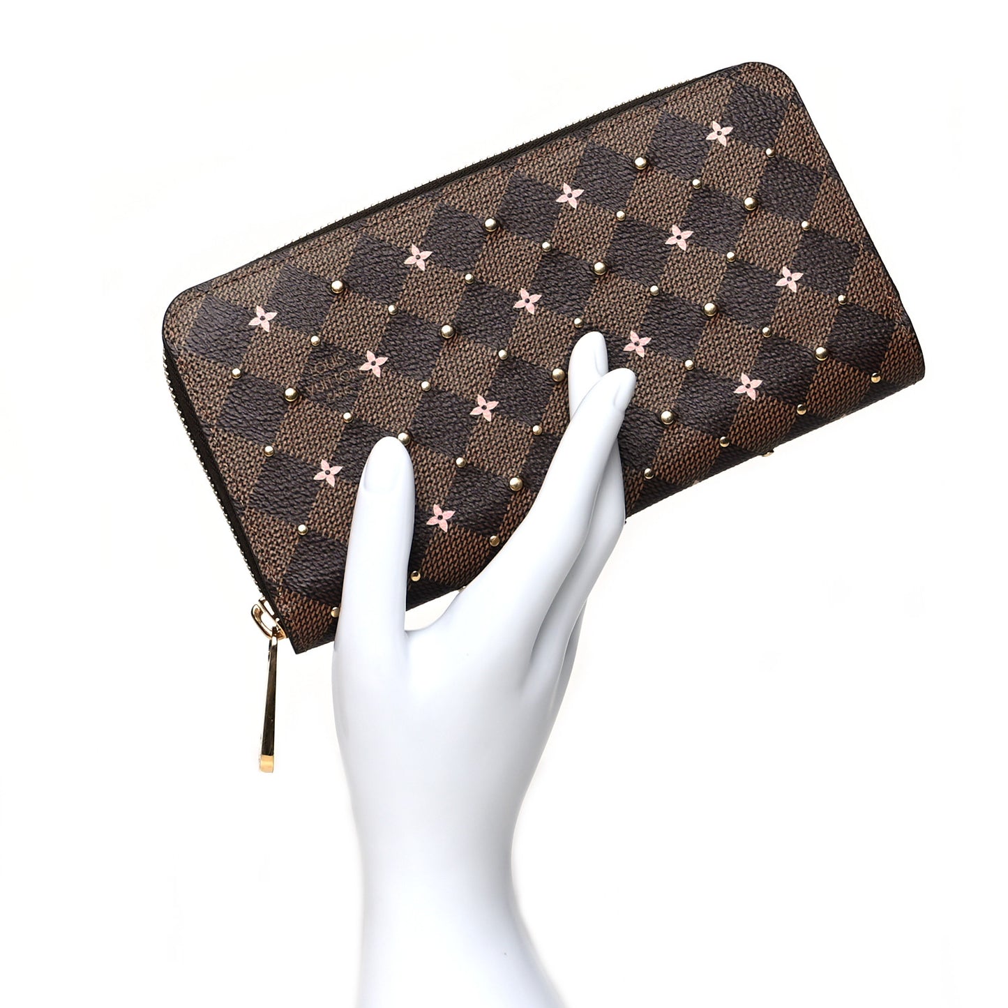 Damier Ebene Studded Zippy Wallet Rose Ballerine