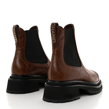 Chanel Calfskin Patent Cap Toe Quilted Short Boots 37.5 Brown Black 4 of 8