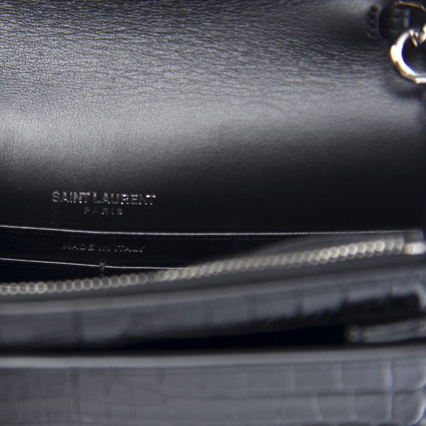 Calfskin Crocodile Embossed Monogram Sunset Top Handle Chain Wallet Black