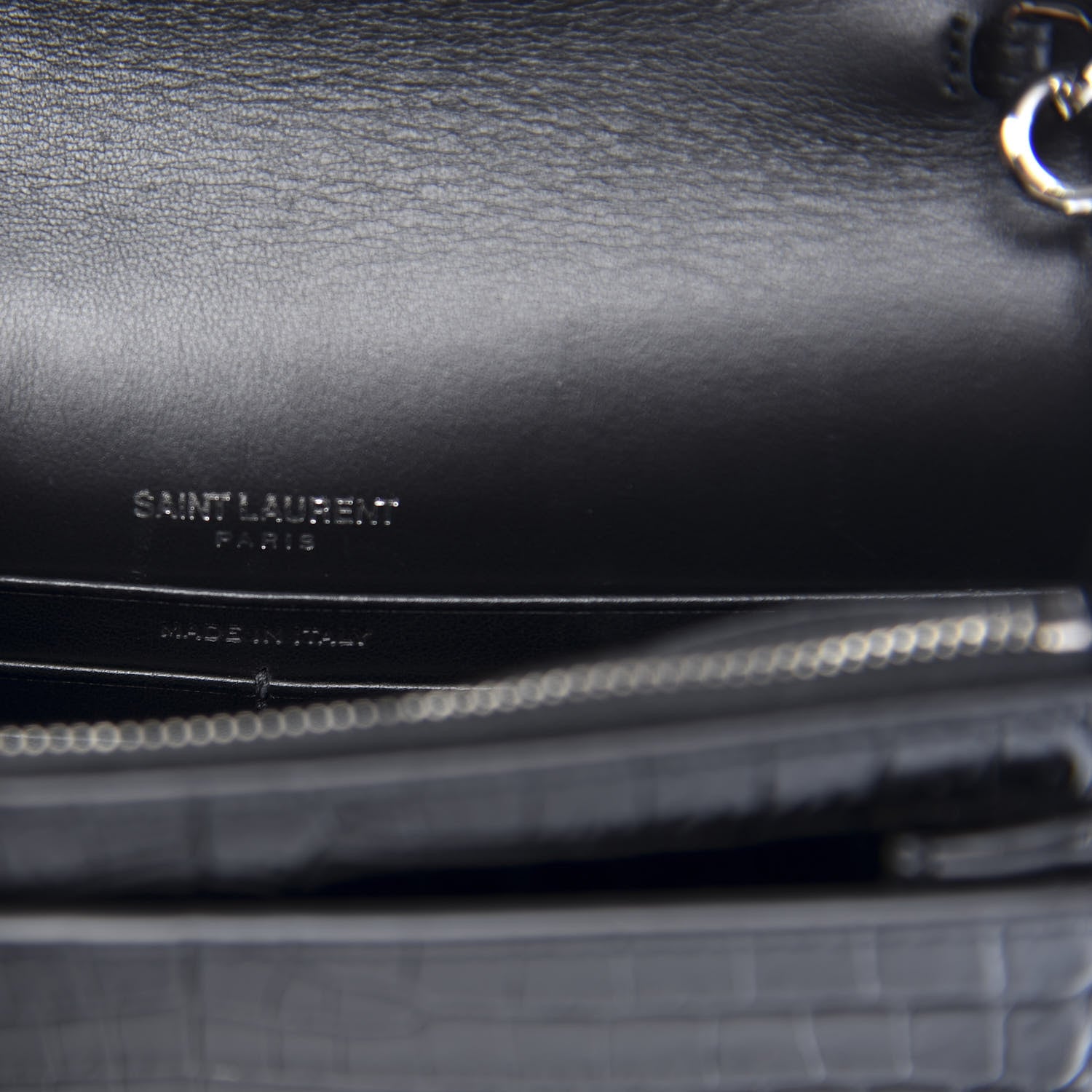 Saint Laurent Calfskin Crocodile Embossed Monogram Sunset Top Handle Chain Wallet Black 8 of 12