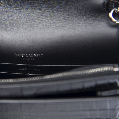 Saint Laurent Calfskin Crocodile Embossed Monogram Sunset Top Handle Chain Wallet Black 8 of 12