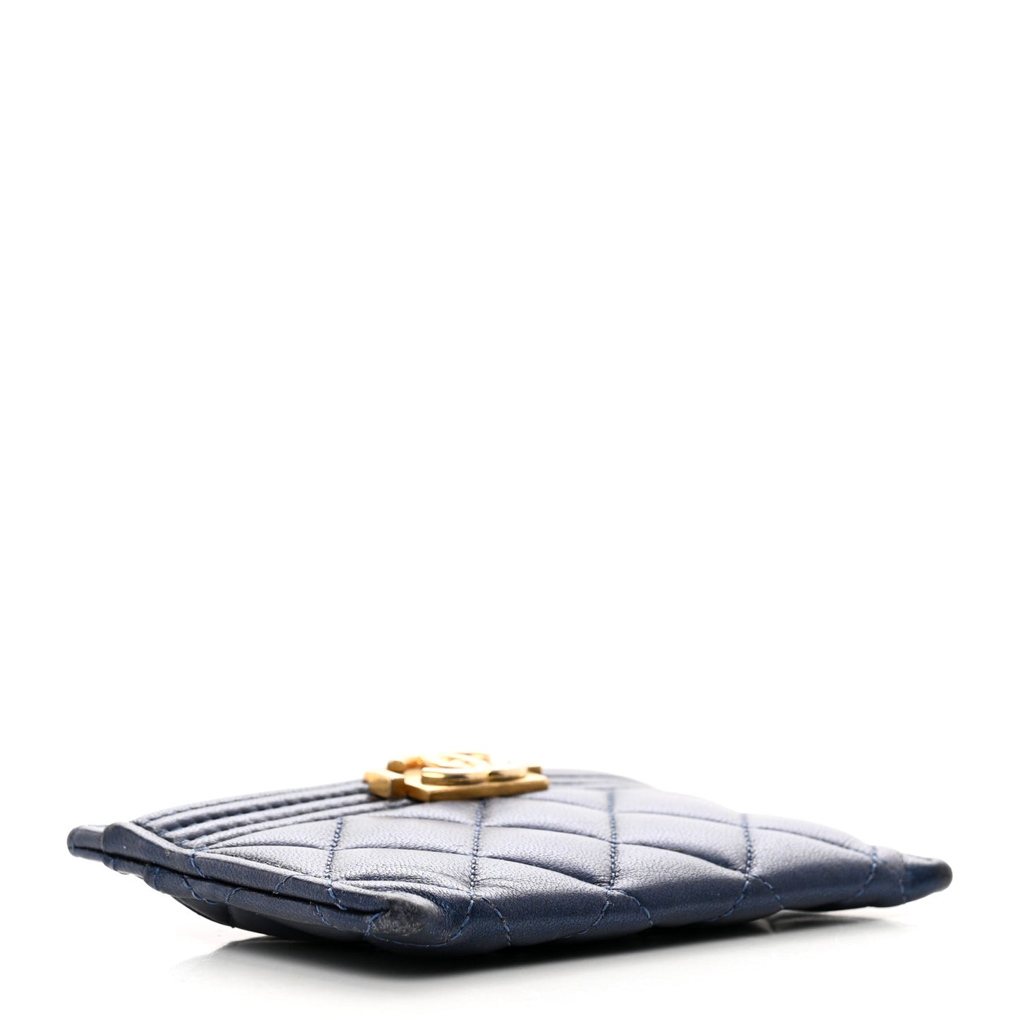 Metallic Lambskin Quilted Boy Card Holder Navy Blue