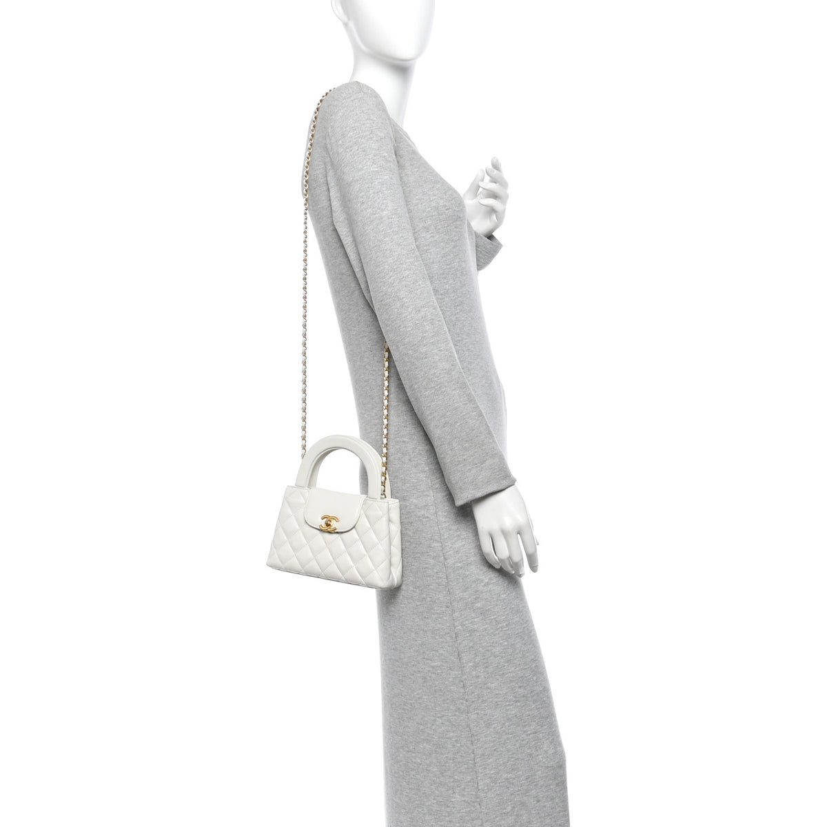Shiny Aged Calfskin Quilted Nano Kelly Shopper White