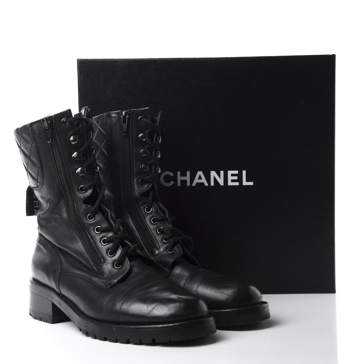 Chanel Calfskin Quilted Lace Up Combat Boots 40 Black 9 of 9