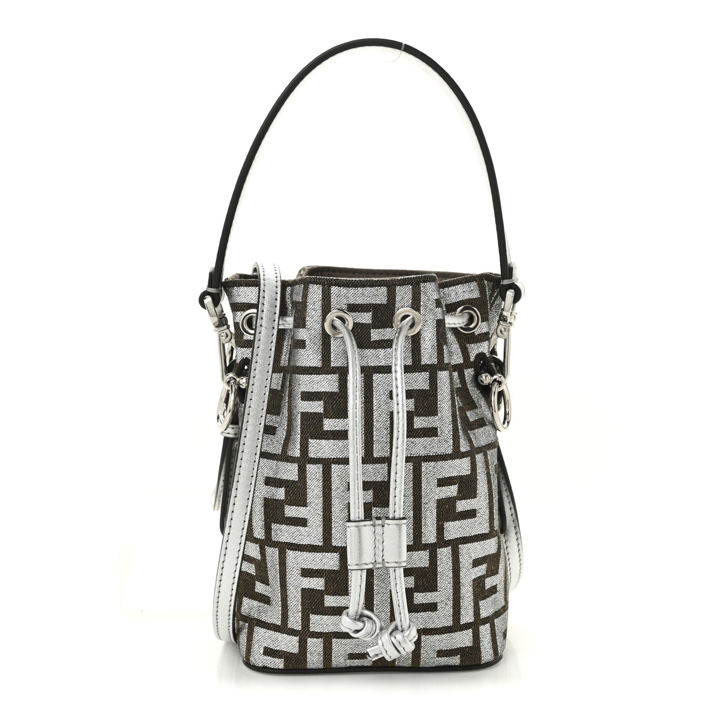Vitello Catalan Mirror Canvas Fabric Jacquard FF 1974 Mini Mon Tresor Bucket Bag Ebano Argento
