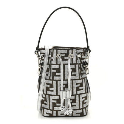 Fendi Vitello Catalan Mirror Canvas Fabric Jacquard FF 1974 Mini Mon Tresor Bucket Bag Ebano Argento 1 of 10