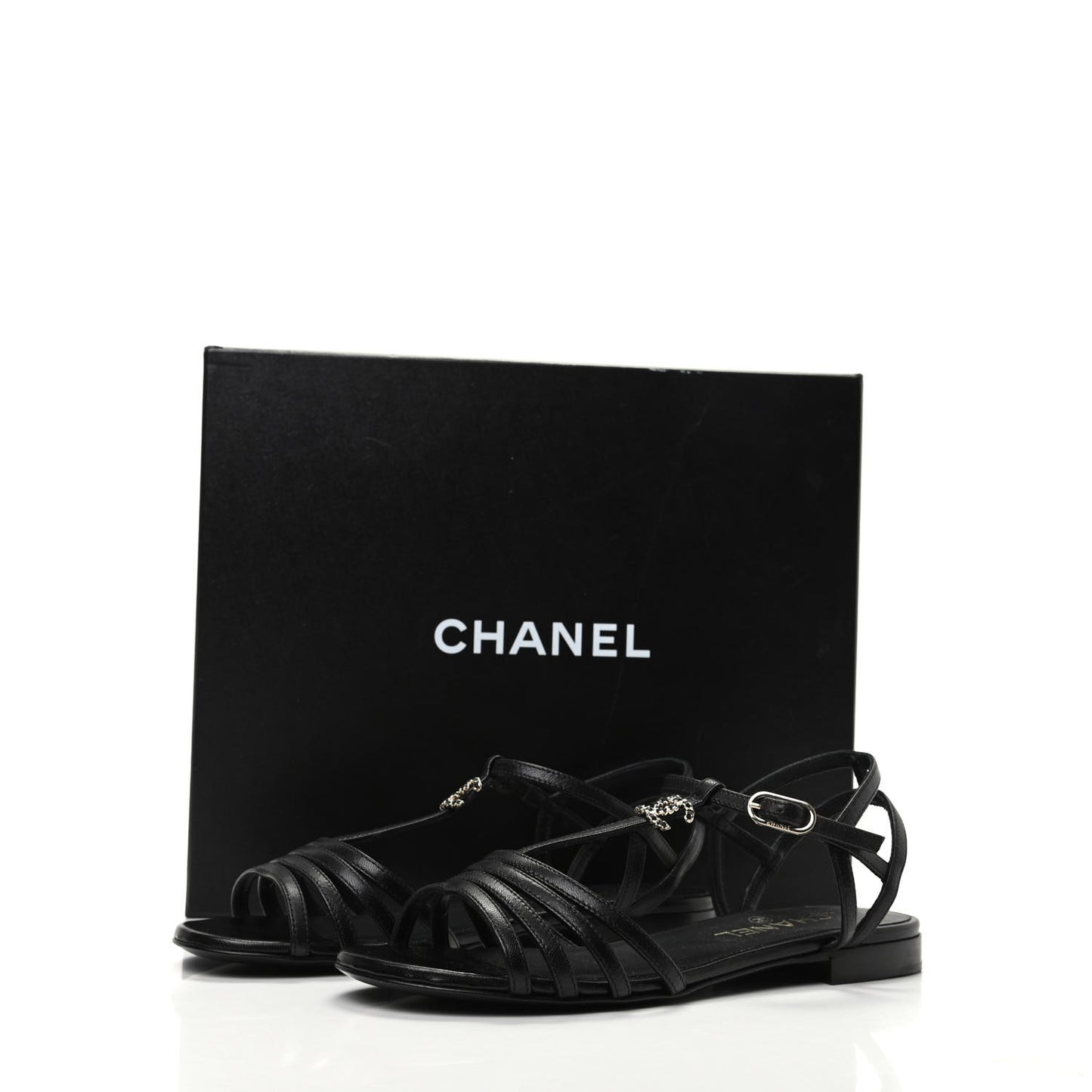 Calfskin CC Chain Sandals 37.5 Black